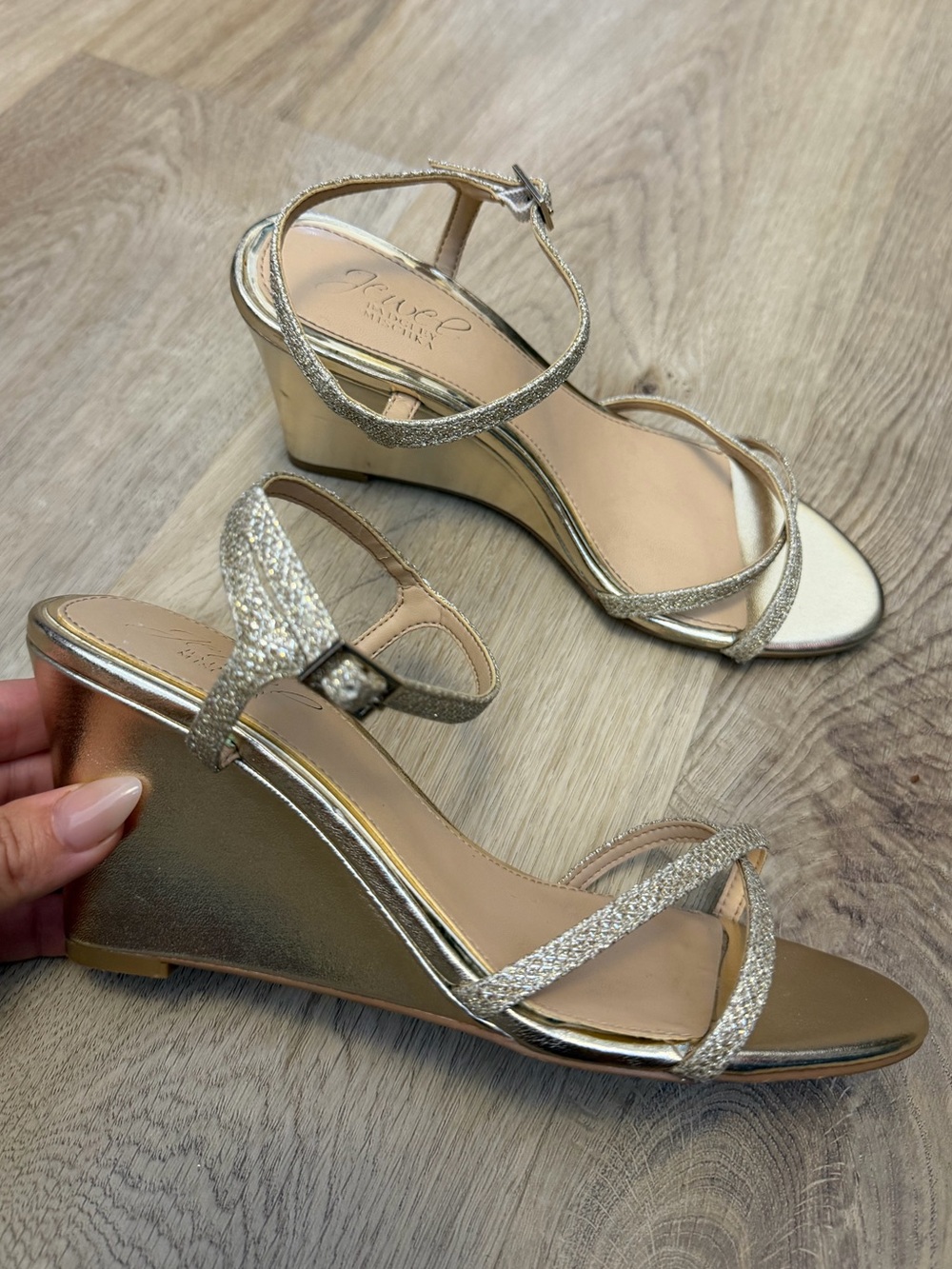 Jewel Badgley Mischka Gold Strappy Wedge Sandals